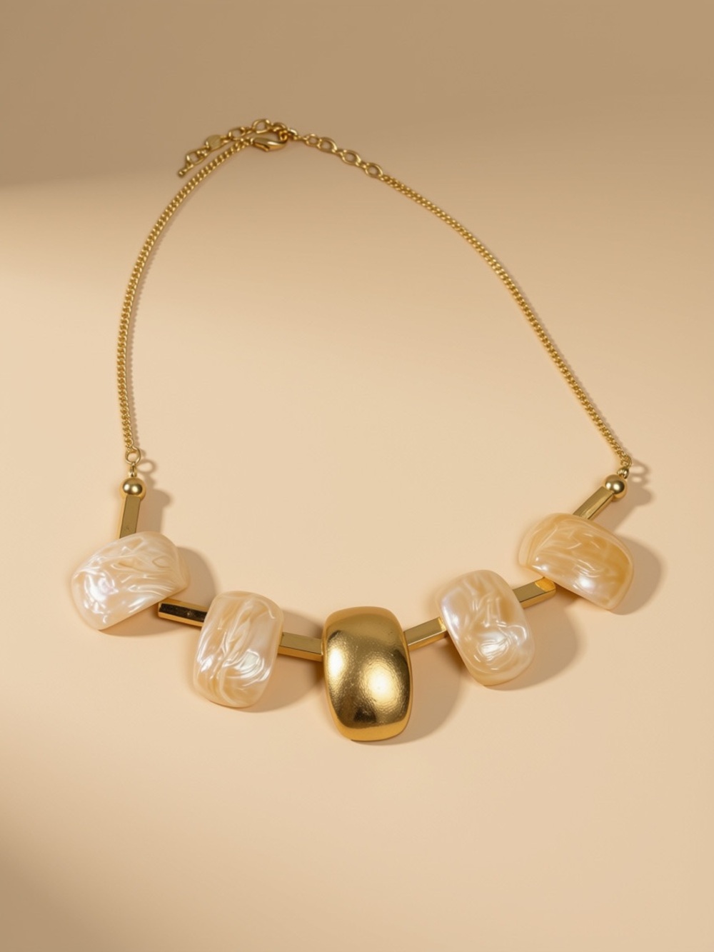 Gold and Pearl-Beige Statement Necklace 19” +3” Extender